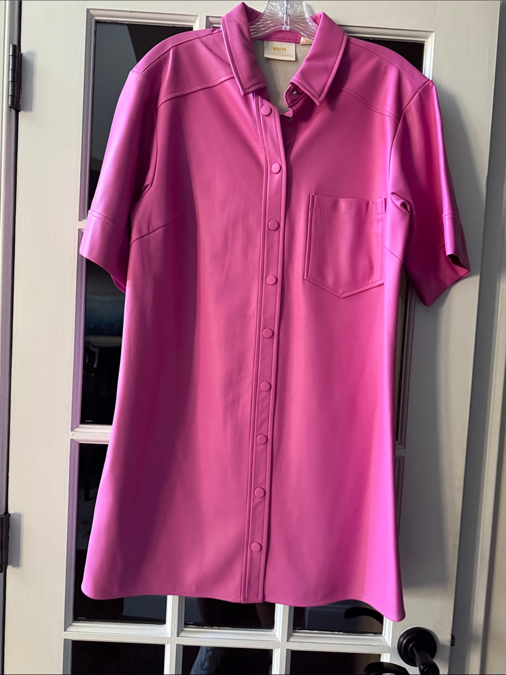 Maeve Fuchsia Pink Leather-Look Mini Shirt Dress